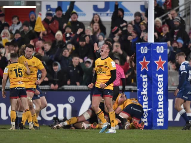 Billy Burns celebrates Ulster's decisive try against Sale Sharks