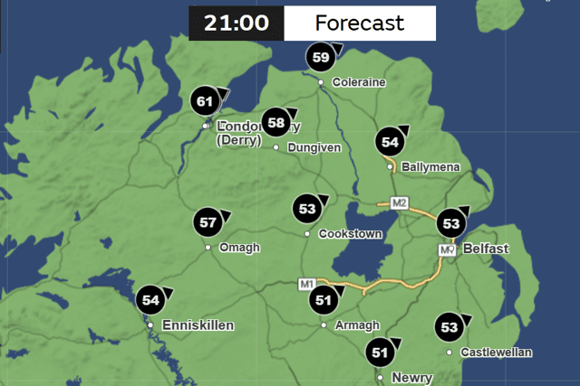 The Met Office predicts strong winds at 9pm on Saturday.