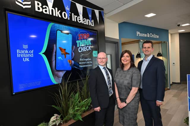 Bank of Ireland is launching a region-wide series of free fraud awareness events as part of its commitment to safeguarding the financial wellbeing of its customers and the wider community. Pictured is Colin Pearson, branch manager, Bangor with Allison Ewing, fraud customer experience manager and William Thompson, head of consumer banking NI