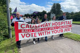 Campaigners during a rally calling for the restoration of full maternity services at Causeway Hospital in Coleraine. Those who took part in the event on Saturday expressed fears that the ending of births at the hospital would lead to other services at the site not being viable. The recommendation to consolidate all hospital births in the Northern Trust area at the Antrim Hospital site was approved by the Department of Health last month. Photo Jonathan McCambridge/PA Wire