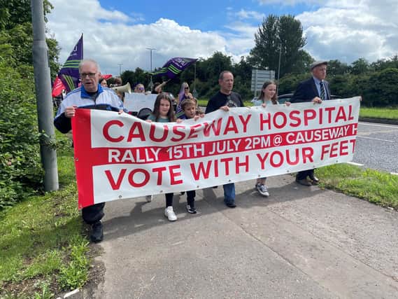 Campaigners during a rally calling for the restoration of full maternity services at Causeway Hospital in Coleraine. Those who took part in the event on Saturday expressed fears that the ending of births at the hospital would lead to other services at the site not being viable. The recommendation to consolidate all hospital births in the Northern Trust area at the Antrim Hospital site was approved by the Department of Health last month. Photo Jonathan McCambridge/PA Wire