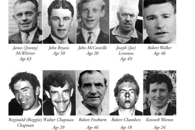 The ten men murdered by the IRA at Kingsmills in 1976. Montage from Border Cleansing by Maurice Wylie