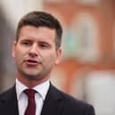 Jonathan Buckley MLA speaking to the media outside Carleton Street Orange Hall in Portadown, Co Armagh.