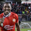 Former Portadown defender Brandon Diau with his Championship medal. (Photo by David Maginnis/Pacemaker Press)