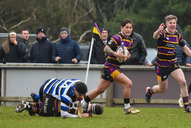 Instonians Ruairi O'Farrell scores a try in the AIL victory over Corinthians at Shaw's Bridge. (Photo by Andrew McCarroll/ Pacemaker Press)