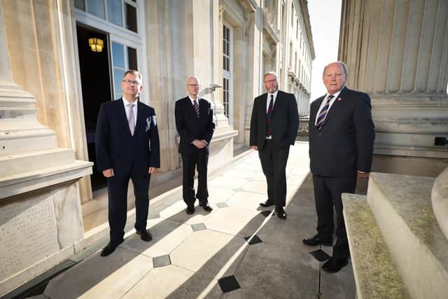 DUP leader Sir Jeffrey Donaldson, PUP leader Billy Hutchinson, UUP leader Doug Beattie and TUV leader Jim Allister at Stormont on September 28, 2021 in a joint stand against the NI Protocol. Photo by Kelvin Boyes / Press Eye