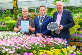 Coleman’s Garden Centre in Templepatrick is preparing for the finals of the prestigious Countryside Alliance Awards at the House of Lords in June, and the Mayor of Antrim and Newtownabbey, councillor Mark Cooper BEM (pictured), paid them a visit to wish them luck. Also included is Richard Fry, managing director of Coleman and staff