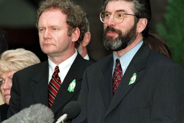 Sinn Fein leaders Gerry Adams and Martin McGuinness emerge from talks to talk to the media on the signing of the Good Friday Agreement on April 10 1998. But what was for unionists a settlement (within the UK) was for nationalists a pathway (towards Dublin). Picture Pacemaker