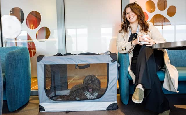 Henry the Cockapoo with owner Victoria Carswell enjoying the new pet lounge