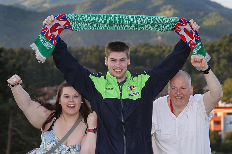 Northern Ireland fans (L-R) Jenny Poots, Adam Poots and Jonathan Poots in Maribor