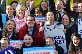 Physio Staff  at the RVH as Thousands of health and social care workers in Northern Ireland have begun a 48-hour strike as part of a pay dispute.