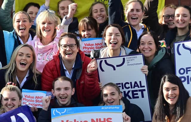 Physio Staff  at the RVH as Thousands of health and social care workers in Northern Ireland have begun a 48-hour strike as part of a pay dispute.