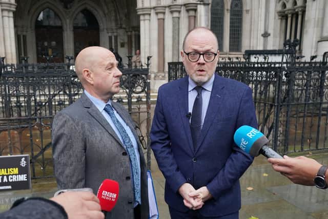 Journalists Barry McCaffrey (left) and Trevor Birney outside the Royal Courts of Justice, in London, before Tuesday's tribunal hearing