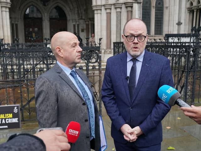 Journalists Barry McCaffrey (left) and Trevor Birney outside the Royal Courts of Justice, in London, before Tuesday's tribunal hearing