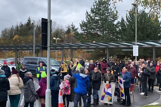 Protesters form a 'human ring' around the South West Acute Hospital in Enniskillen on Saturday. Image courtesy of Dylan Quinn of Save Our Acute Services campaign