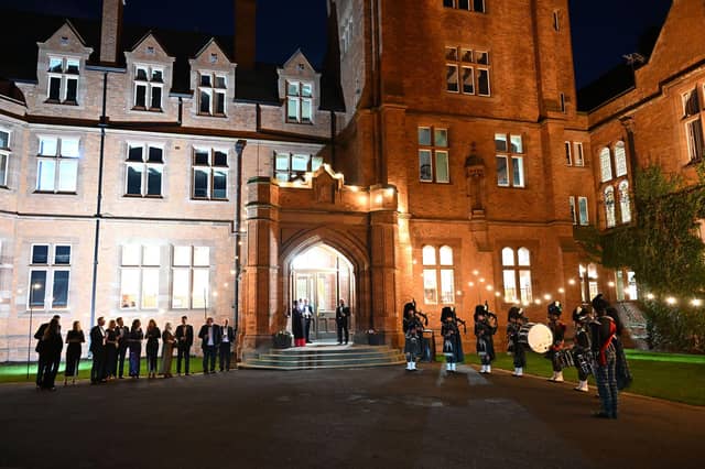 The Campbell College Pipe Band perform as guests arrive at the OC Ball held at Campbell College, organised by the Old Campbellian Society. re: Michael Cooper