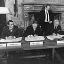The Sunningdale Agreement for the Council of Ireland is signed at Sunningdale Park, Berkshire, 9th December 1973. From left, Oliver Napier, Liam Cosgrave, Edward Heath, Brian Faulkner and Gerry Fitt. Photo: Keystone/Hulton Archive/Getty Images
