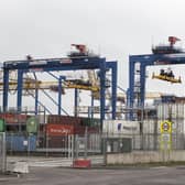 Shipping containers stored at a site at Belfast Harbour. Photo: Liam McBurney/PA Wire