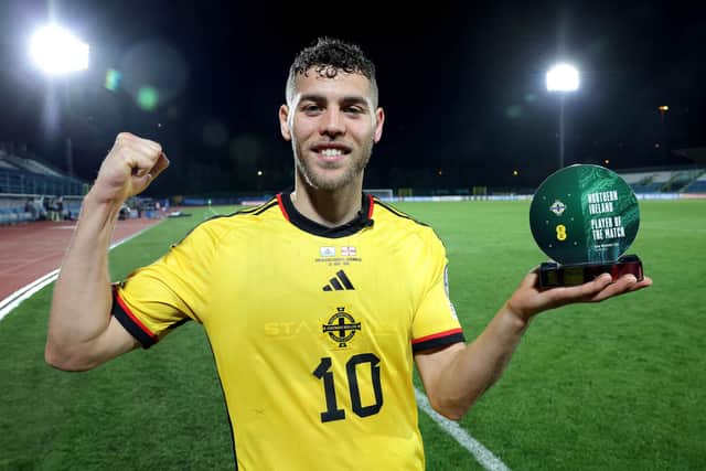 Northern Ireland’s Dion Charles with his man of the match award after defeating San Marino in Thursday night’s UEFA Euro 2024 Qualifier at the San Marino Stadium.