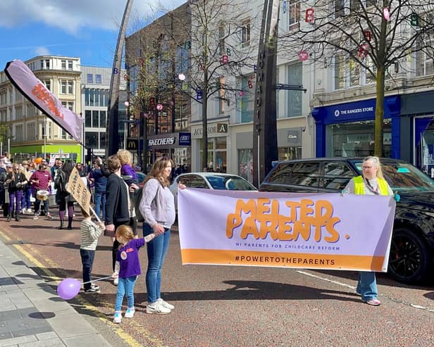 People take part in a childcare protest in Belfast city centre. Picture date: Saturday April 20, 2024. PA Photo. See PA story ULSTER Childcare. Photo: PA/PA Wire