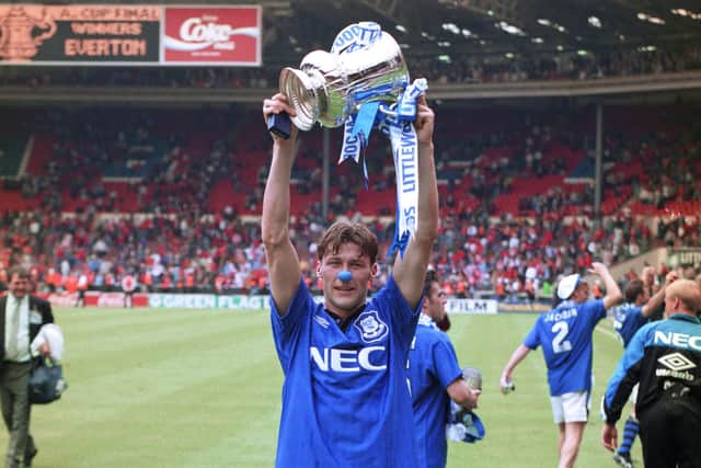 Everton forward Duncan Ferguson enjoying FA Cup success in 1995. (Photo by Allsport/Getty Images/Hulton Archive)