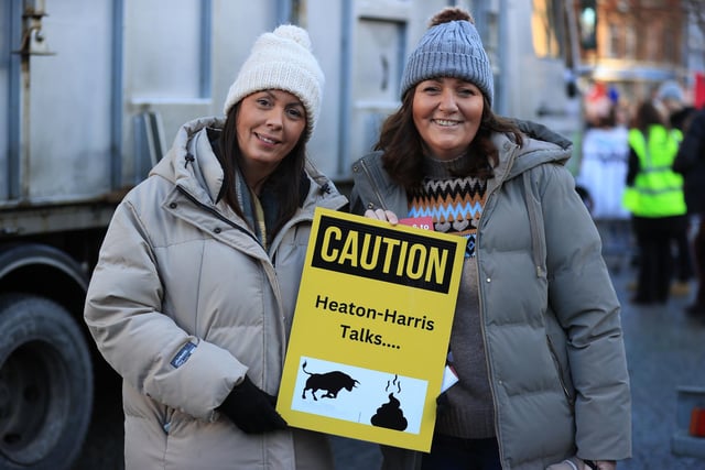 Classroom assistants Cara Skillen (left) and Tracey McAteer at a rally at Belfast City Hall, as an estimated 150,000 workers take part in walkouts over pay across Northern Ireland.