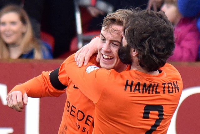 Hamilton had an exceptional record for developing players during his Glenavon tenure. Here he celebrates with Mark Sykes during their 5-0 Irish Cup win over Portadown at Shamrock Park in March 2017. Sykes has went on to play in the Championship with Bristol City and represent the Republic of Ireland, while Joel Cooper, Josh Daniels, Rhys Marshall and Bobby Burns are just another few examples of stars who sealed big moves after working under Hamilton