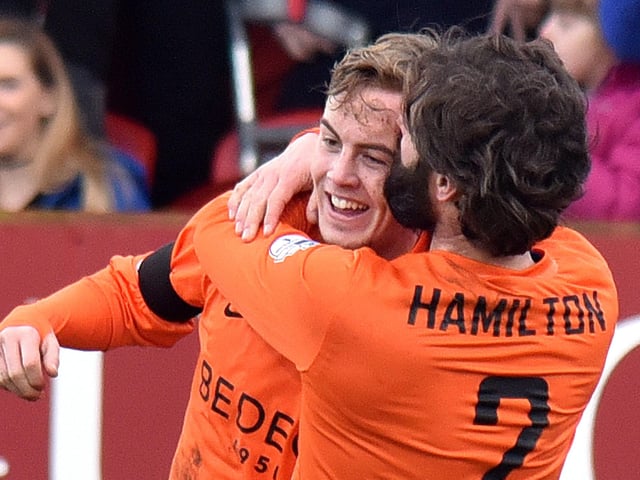Hamilton had an exceptional record for developing players during his Glenavon tenure. Here he celebrates with Mark Sykes during their 5-0 Irish Cup win over Portadown at Shamrock Park in March 2017. Sykes has went on to play in the Championship with Bristol City and represent the Republic of Ireland, while Joel Cooper, Josh Daniels, Rhys Marshall and Bobby Burns are just another few examples of stars who sealed big moves after working under Hamilton