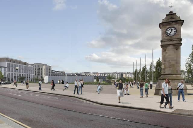 A CGI impression of how the McKee Clock Arena section of Bangor's new seafront is to look, produced by developers Bangor Marine.