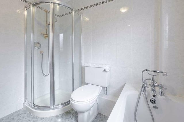Family bathroom affords enough space not only for a bath but also a spacious shower enclosure.