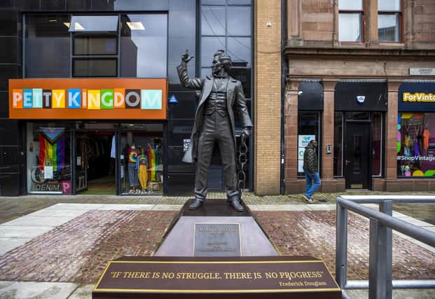 The newly unveiled statue of anti-slavery campaigner Frederick Douglass in Belfast.  PA Photo: Liam McBurney/PA Wire