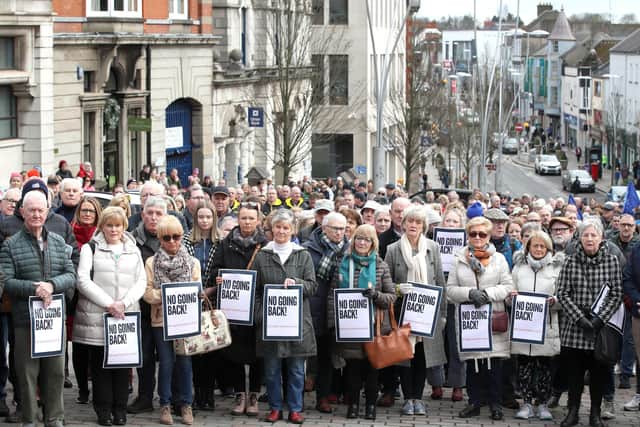 A protest rally was held at Omagh Courthouse, on High Street, in reaction to the attempted murder of PSNI Detective Chief Inspector John Caldwell yesterday afternoon.