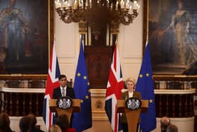 Prime Minister Rishi Sunak and European Commission president Ursula von der Leyen during a press conference at the Guildhall in Windsor, Berkshire, following the announcement that they have struck a deal over the Northern Ireland Protocol