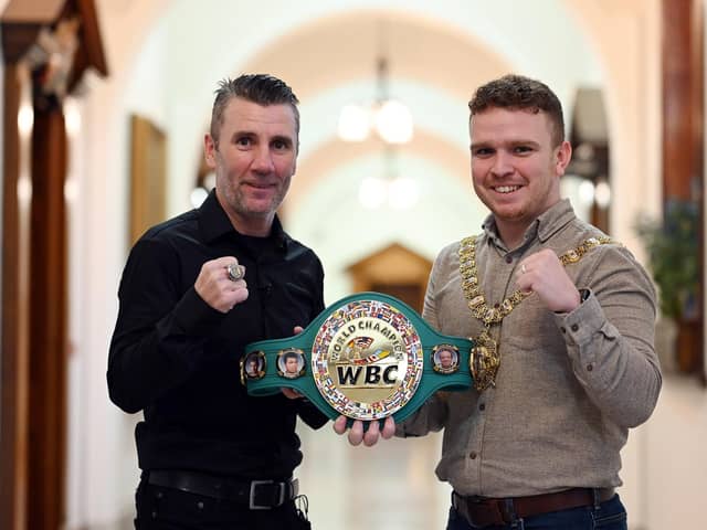 Former WBC batamweight champion Wayne McCullough presented a replica of his title belt to Lord Mayor Ryan Murphy for the people of Belfast during a ceremony at Belfast City Hall. Picture: Michael Cooper