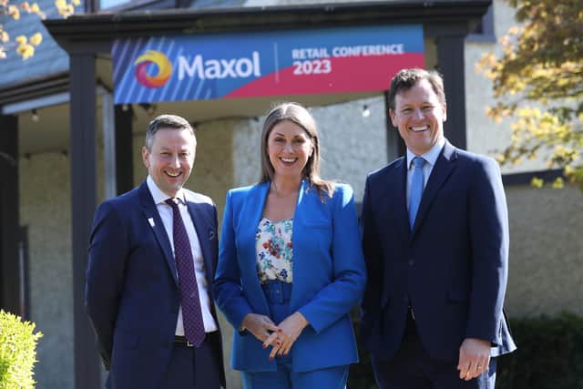 The investment of £84m is part of Maxol’s new 2023-2027 strategy and includes plans to develop a series of EV Ultra Rapid Hubs including in Northern Ireland, the first of which was launched in Maxol Kinnegar, Co Down in December.  The release also highlights landmark moments from the past 10 years, which includes a £200m investment in the business, the acquisition of 25 new sites, completion of 70 developments and the company’s centenary anniversary in 2020. Pictured are Maxol CEO Brian Donaldson with Sarah Travers and Anton Savage who hosted the 2023 Maxol Retail Conference at The K-Club