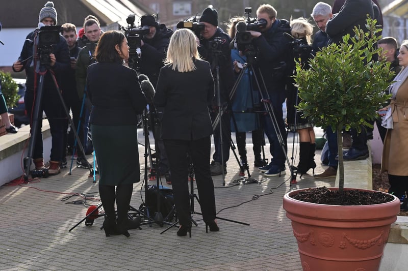Sinn Fein’s Mary Lou McDonald and Michelle O’Neill speak to the media at Stormont Hotel in Belfast on Thursday after talks with Taoiseach Leo Varadkar.
 Pic Colm Lenaghan/ Pacemaker
