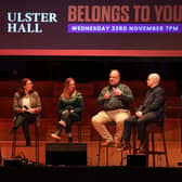 Glenn Bradley (second right) speaks during a rally for Irish unification organised by Pro-unity group Ireland's Future at the Ulster Hall in Belfast. Picture date: Wednesday November 23, 2022.