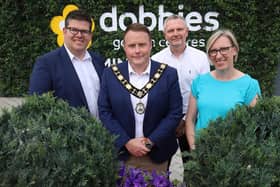 Antrim and Newtownabbey Borough Council is supporting a major recruitment drive by Dobbies Garden Centres who are seeking to recruit 120 full and part-time team members for their new flagship store which opens at The Junction Retail and Leisure Park, Antrim, in October 2023. Pictured: Mayor of Antrim and Newtownabbey councillor Mark Cooper, Chris Flynn, centre director at The Junction, Ken Ferguson, general manager at Dobbies, Antrim and Jenny Campbell, operations manager at Dobbies, Antrim