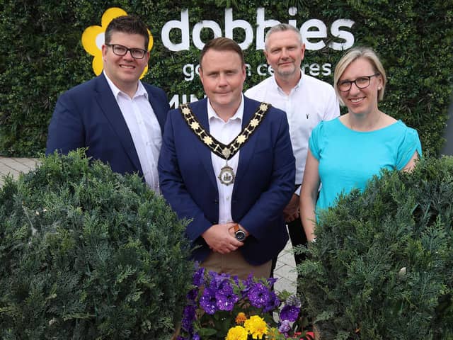 Antrim and Newtownabbey Borough Council is supporting a major recruitment drive by Dobbies Garden Centres who are seeking to recruit 120 full and part-time team members for their new flagship store which opens at The Junction Retail and Leisure Park, Antrim, in October 2023. Pictured: Mayor of Antrim and Newtownabbey councillor Mark Cooper, Chris Flynn, centre director at The Junction, Ken Ferguson, general manager at Dobbies, Antrim and Jenny Campbell, operations manager at Dobbies, Antrim