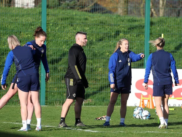 Simone Magill (second right) enjoying yesterday's Northern Ireland training session at The Dub in Belfast ahead of UEFA Women's Nations League games against Albania and Republic of Ireland. (Photo by PressEye Ltd)