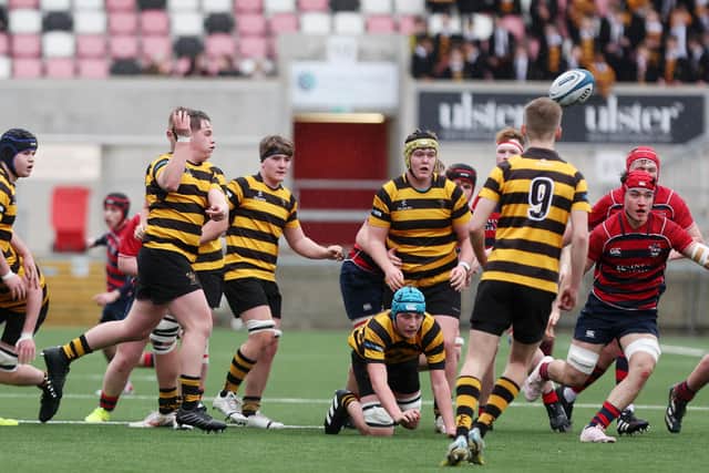 RBAI’s Euan Paterson passes the ball in the Schools' Cup final clash against Ballymena Academy at Kingspan Stadium