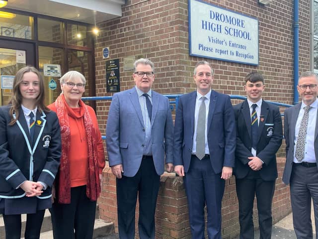 Education Minister Paul Givan with principal Ian McConaghy (far right), members of the Board of Governors, Head Girl and Head Boy, during a visit to Dromore High School