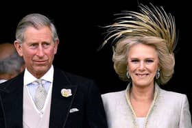 The new Queen Consort, Camilla, on her wedding day to King Charles III in 2005 after a civil ceremony