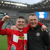 Cliftonville's Ronan Hale and manager Jim Magilton. PIC: Desmond Loughery/Pacemaker Press