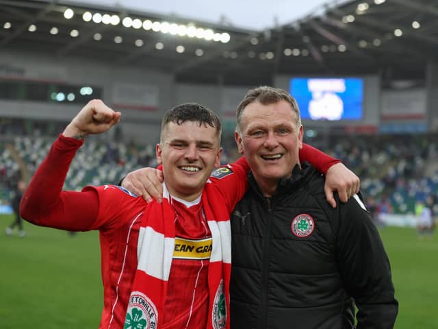 Cliftonville's Ronan Hale and manager Jim Magilton. PIC: Desmond Loughery/Pacemaker Press