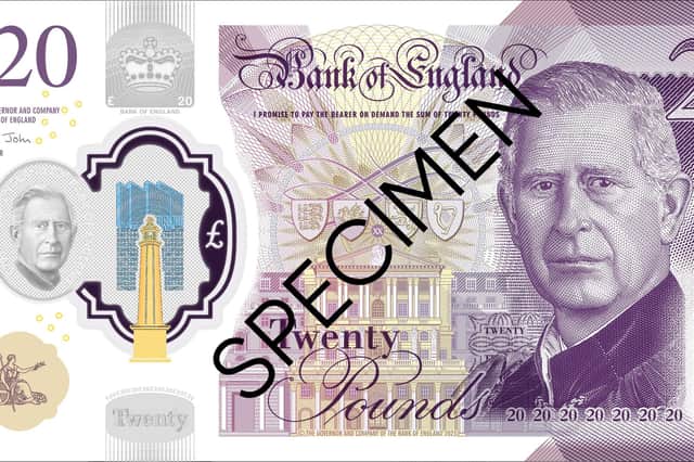 The new £20 note featuring a portrait of King Charles III which will enter circulation by mid-2024.