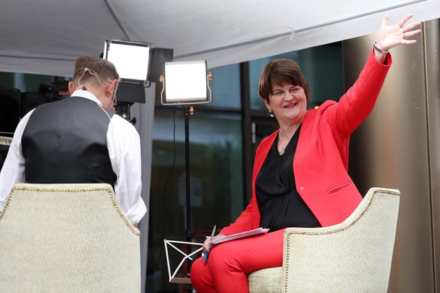 Former DUP leader and First Minister of The Northern Ireland Assembly Arlene Foster waves at the crowds on Bedford Street where she presenting for GB News. 

Photo by Jonathan Porter / Press Eye.