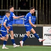 Matthew Lusty celebrates opening the scoring for Dungannon Swifts against Newry City at Stangmore Park
