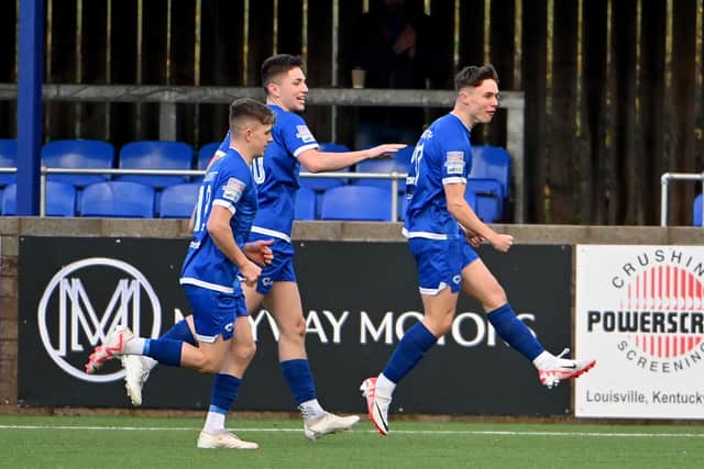 Matthew Lusty celebrates opening the scoring for Dungannon Swifts against Newry City at Stangmore Park