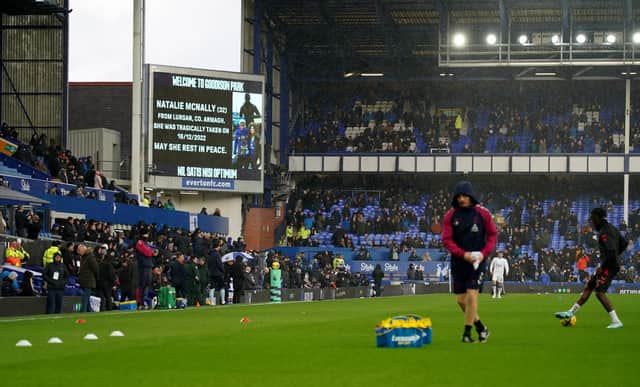 A tribute in memory of Natalie McNally is displayed prior to the Premier League match between Everton and Southampton at Goodison Park. Ms McNally, 32, who was 15 weeks pregnant, was killed in her home in Lurgan, Co Armagh last month. Ms McNally supported Everton alongside her family. Picture date: Saturday January 14, 2023.